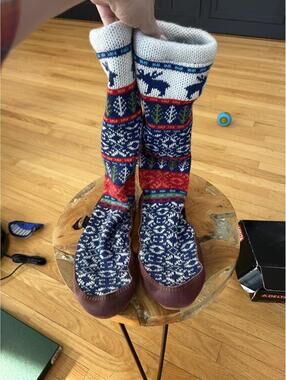 Acorn Knit Wool Slipper Socks with Leather Soles Size 5-6